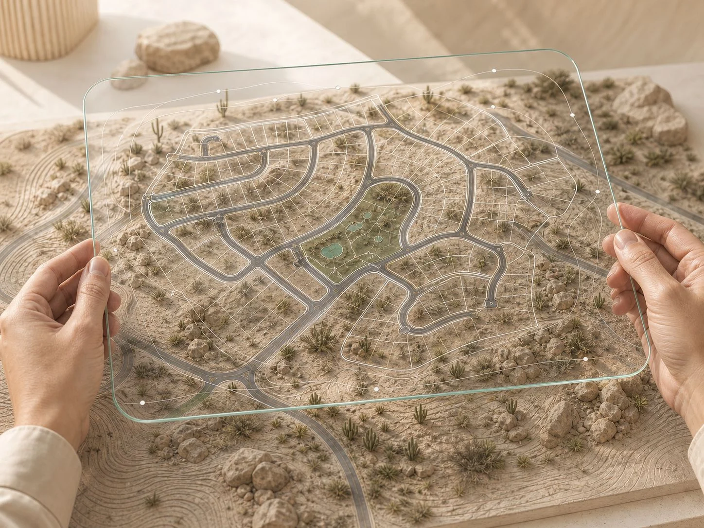 Masterplan georreferenciado proyectado sobre la maqueta del terreno natural