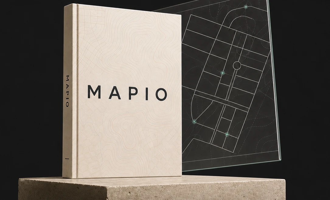 Guía impresa de Mapio junto a un panel con el masterplan de un fraccionamiento
