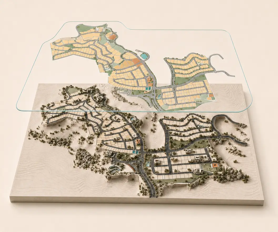 Masterplan interactivo de Mapio flotando sobre la maqueta del terreno